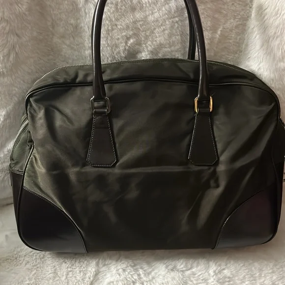 Prada Large green nylon and brown leather commuter bowling bag & lock & keys - Picture 6 of 17